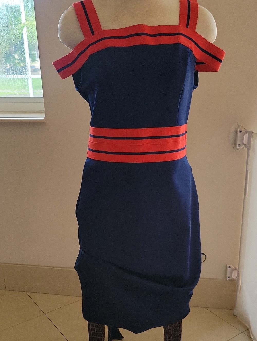 New York & Company Navy Midi Dress with Red Stripe Accents